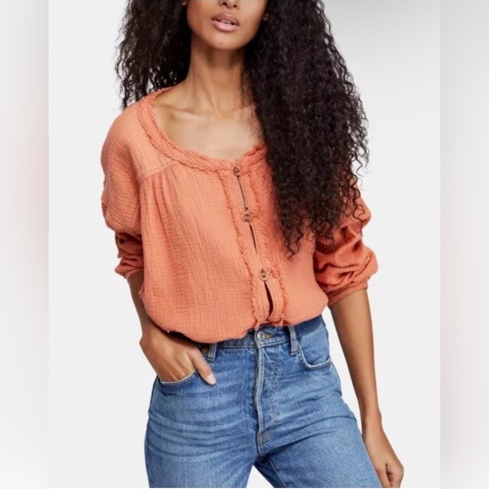 Free People Moving Mountains Oversized Shirt Long Sleeve Raw Hem Medium
